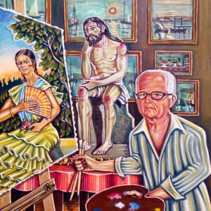 thumbnail of Painting of a painter painting a woman with a bleeding man next to him