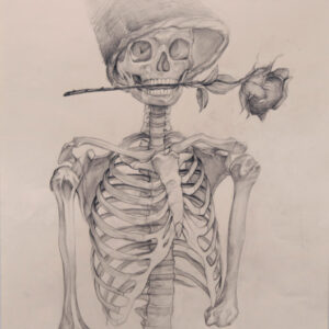 thumbnail of Graphite on paper by Jie Rung HuangÂ titled Skeleton with Rose.