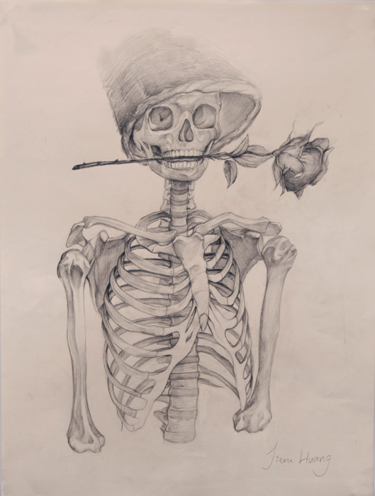 thumbnail of Graphite on paper by Jie Rung Huang titled Skeleton with Rose.