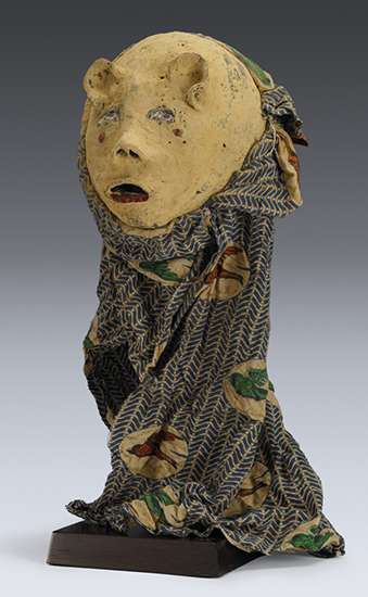 thumbnail of Object made out of clay, cloth, pigment, paint titled Mask (shitengamatu), Makonde.