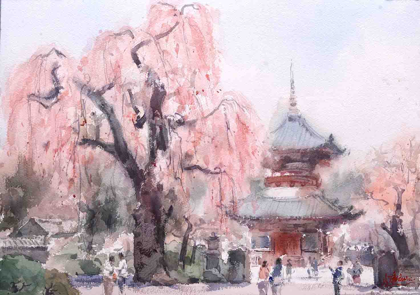 thumbnail of Watercolor on paper by Chin-Lung Huang titled 40 Red Sakura â€“ Kita-in Temple.