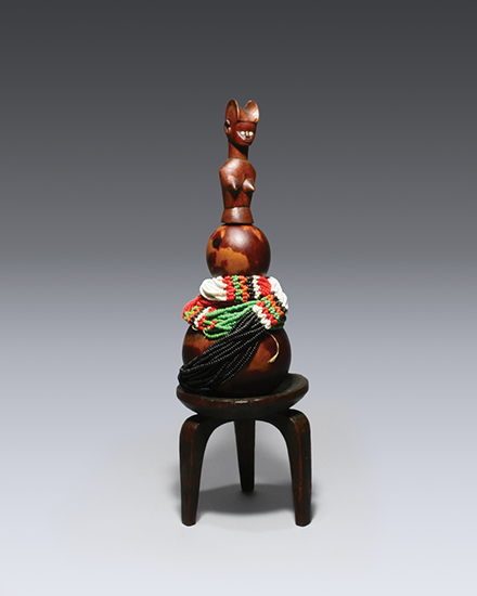 thumbnail of Object made out of Wood, gourd, glass beads, medicinal substances titled Medicine Container on Miniature Stool, Kwere.