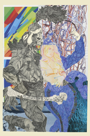thumbnail of Collage and ink on paper by Steven VerreÂ titled Beauty and a Beast.