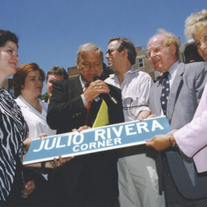 thumbnail of Photo of New York City Council Speaker Peter Vallone Sr. at the 2000 dedication of Julio Rivera Corner