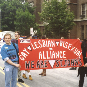 thumbnail of Photo of St. John's University student Jimmy Van Bramer (left) and fellow student-activist Dave Marini (right) march in the 1993 Queens Pride Parade
