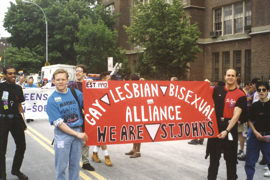 thumbnail of Photo of St. John’s University student Jimmy Van Bramer (left) and fellow student-activist Dave Marini (right) march in the 1993 Queens Pride Parade