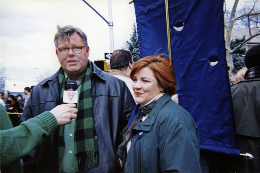 thumbnail of Photo of New York State Senator Thomas Duane and Council Member Christine Quinn at the inaugural St. Patâ€™s For All Parade in Queens in 2000