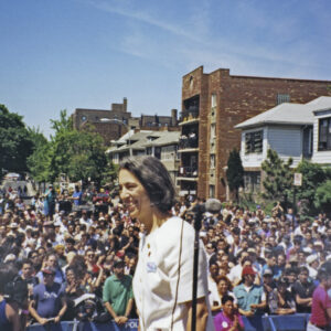 thumbnail of Photo of Manhattan Borough President Ruth Messinger at the 1997 Queens Pride Parade festival.