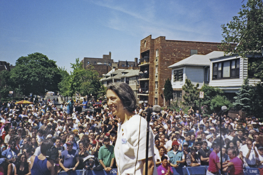 thumbnail of Photo of Manhattan Borough President Ruth Messinger at the 1997 Queens Pride Parade festival.