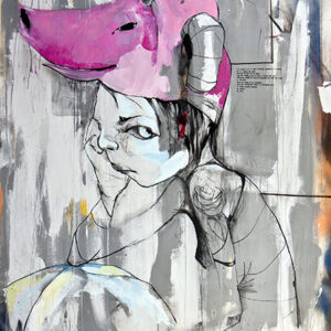 thumbnail of Mix media on linen by Chencho Aguilera titled A Pig In Your Head.