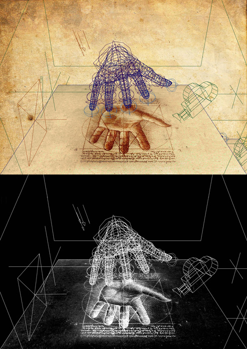 thumbnail of Digital print with AR installation and hand drawing from Making of Eve Clone Documentation I titled Hand III.