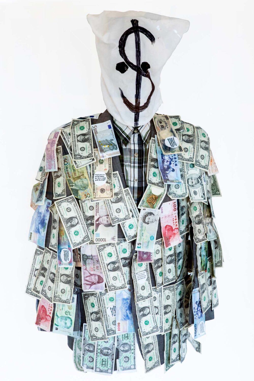 thumbnail of Recycled clothing, international currency, burlap sack, ink by Chin Chih Yang titled Free Money.