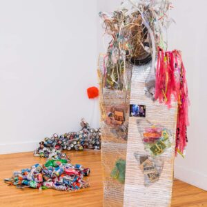 thumbnail of Custom made with LED lights, discarded refuse collected daily, the packaging of snacks consumed; old recycle clothing and shredded aluminum cans by Chin Chih Yang titled Broken Mind.
