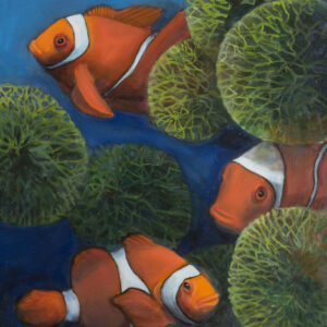 thumbnail of Oil on canvas by Mara Sfara titled Three Clown Fish with Sea Anemone.