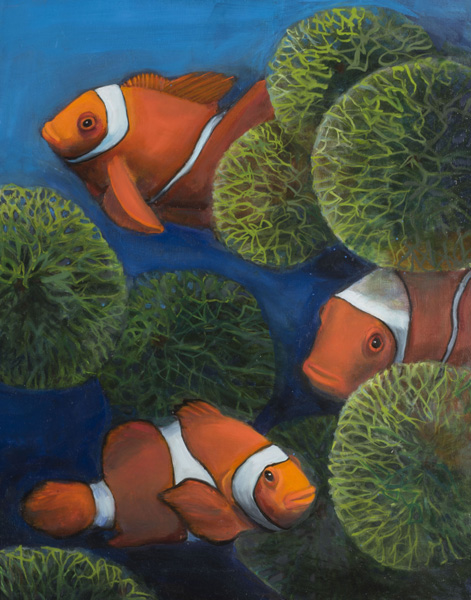thumbnail of Oil on canvas by Mara Sfara titled Three Clown Fish with Sea Anemone.
