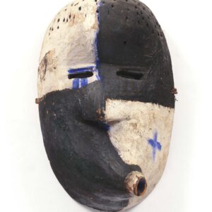thumbnail of Mask showing facial distortion made with wood, black and white pigments.