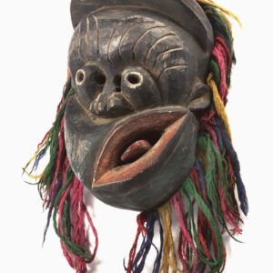 thumbnail of Ekpo Society mask made with wood with black, red and white pigments, yarn.