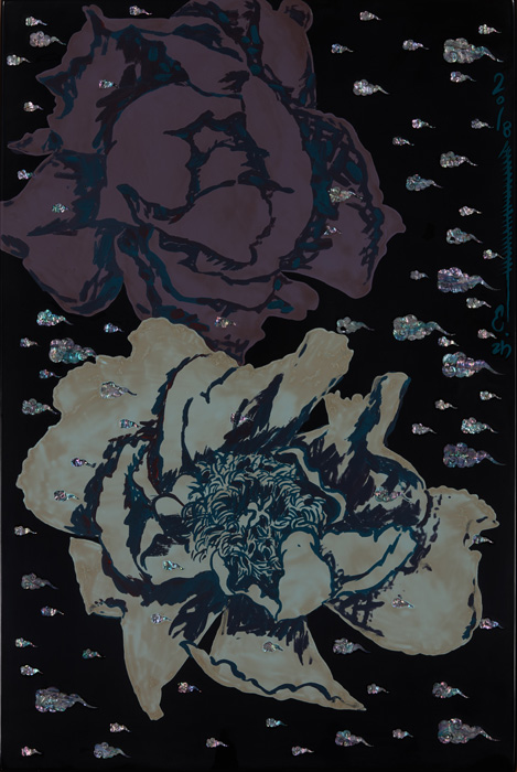 thumbnail of Painting of flowers that used mother-of-pearl, toner, wood, ramie, tile ash. dimensions: 15.7 x 23.6 x 1.57 inches. date: 2018