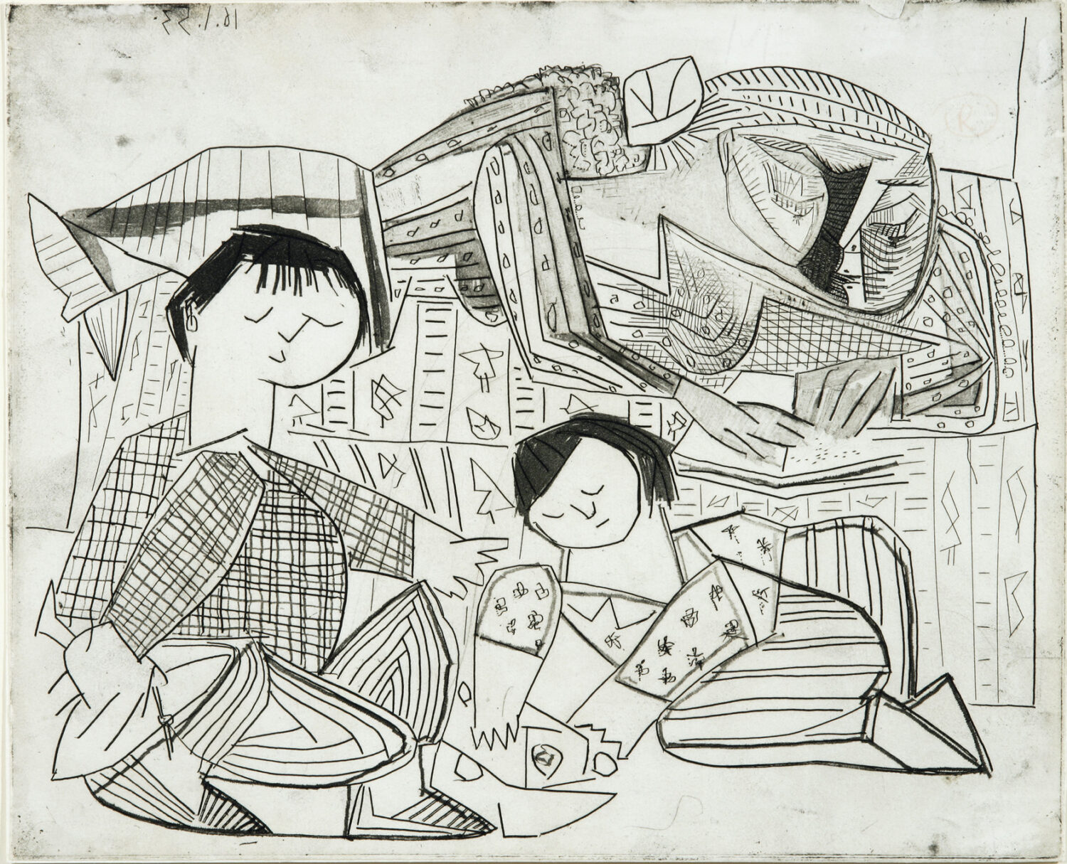 thumbnail of Etching, Aquatint, Burin and Scraper by Pablo Picasso titled Mere et Enfants: Francoise, Claude, Paloma: La Leture et Jeux. II.
