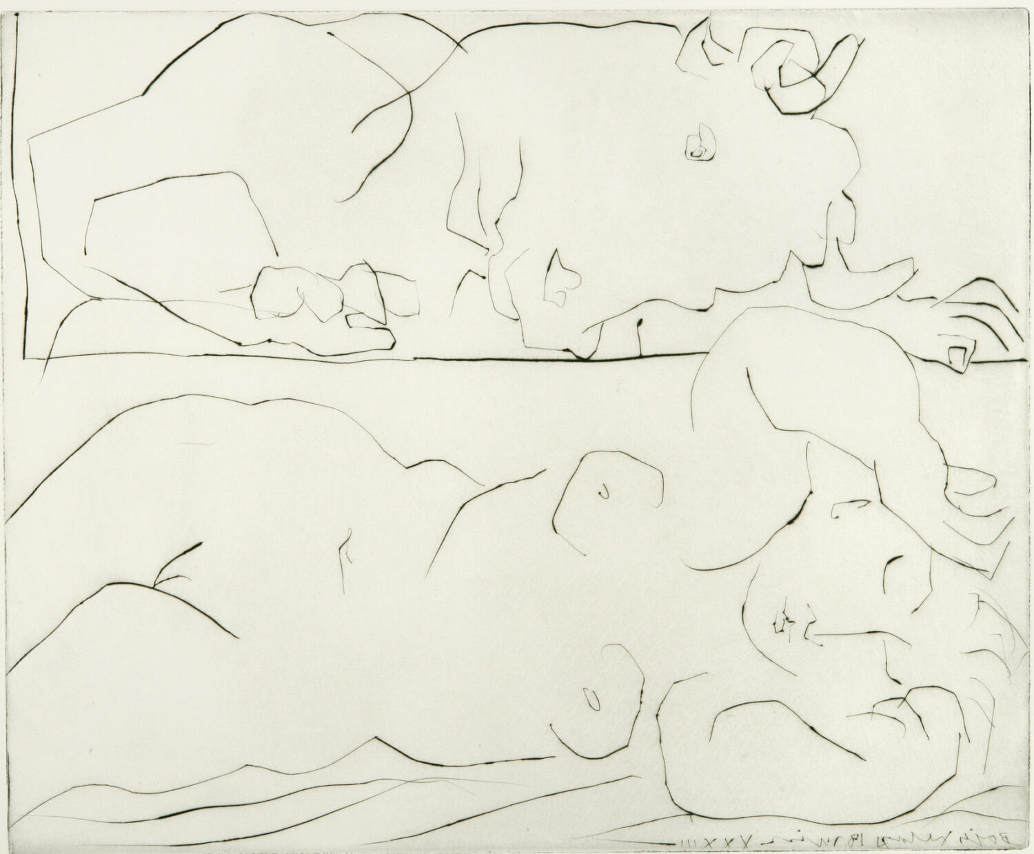 thumbnail of Drypoint by Pablo Picasso titled Minotaure Contemplant une Dormeuse.