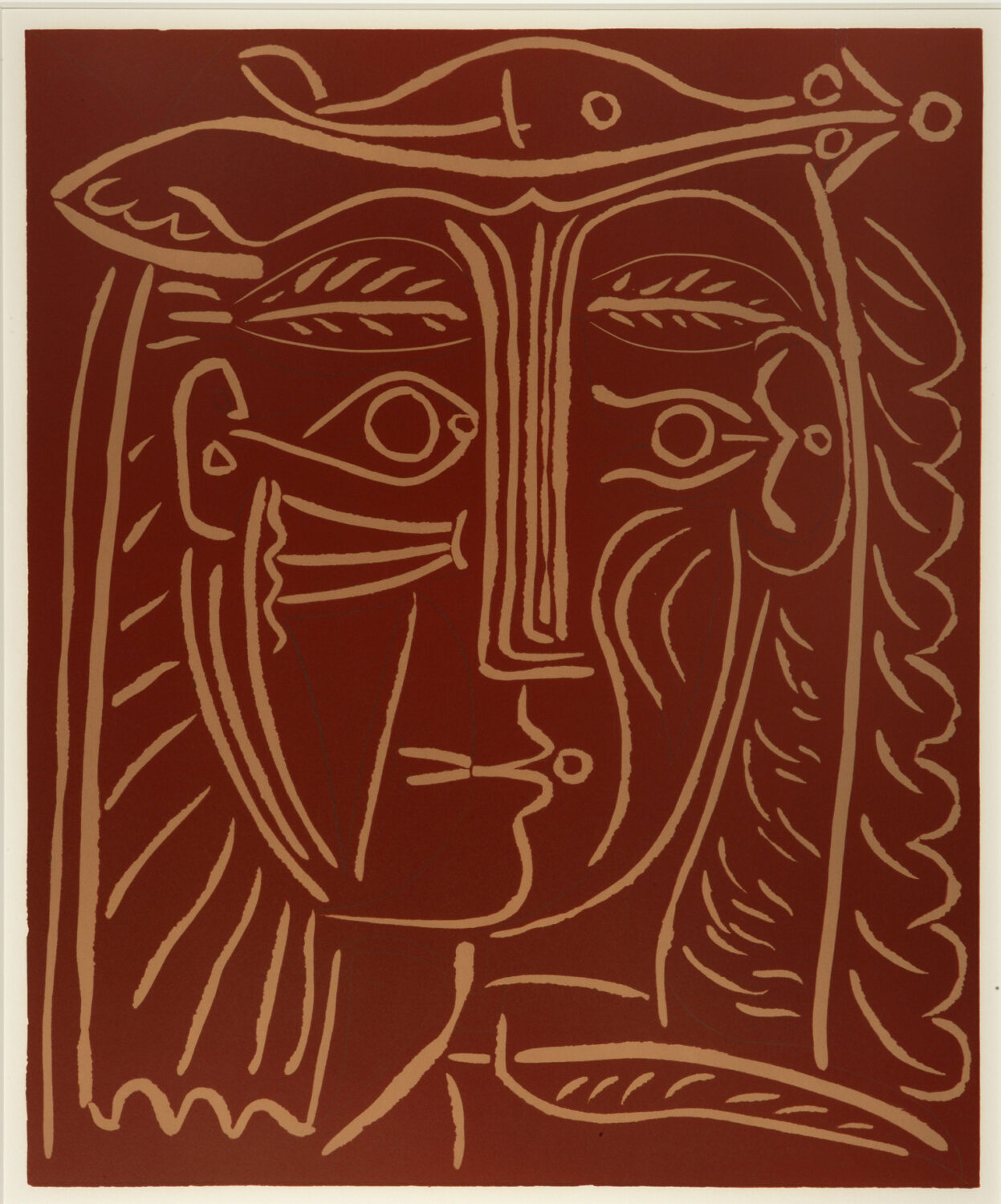 thumbnail of Lino-cut by Pablo Picasso titled Tete de Femme Ali Chapeau/Paysage Avec Baigneurs.