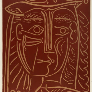 thumbnail of Lino-cut by Pablo Picasso titled Tete de Femme Ali Chapeau/Paysage Avec Baigneurs.