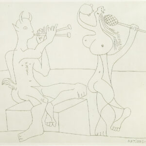 thumbnail of Etching by Pablo Picasso titled Faune Flutiste et Danseuse a la Maraca et au Tamborin.