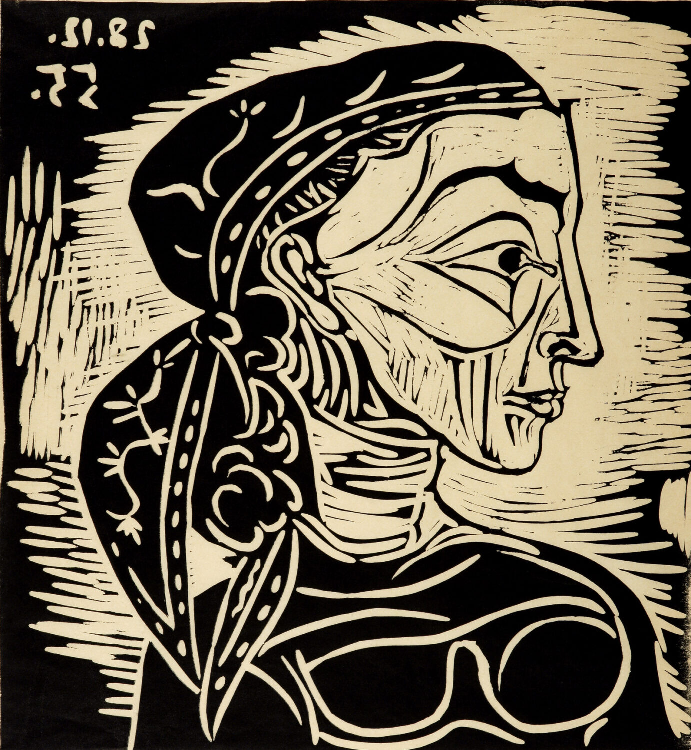 thumbnail of Lino-cut by Pablo Picasso titled Profil de Jacqueline Au Foulard.