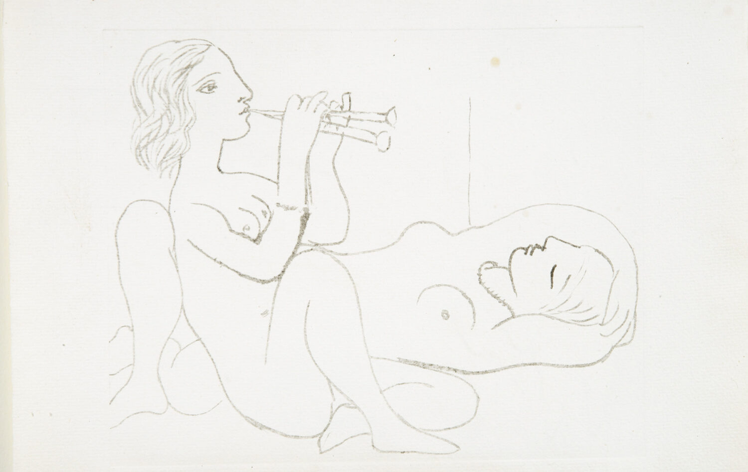 thumbnail of Monotype by Pablo Picasso titled Flutiste Asise et Dormeuse, XI.