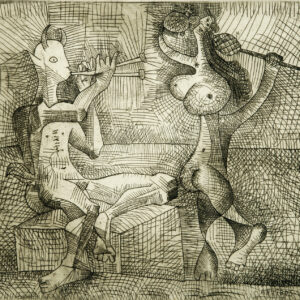 thumbnail of Etching by Pablo Picasso titled Faune Playing the Flute and Dancer with Maraca et au Tamborin.