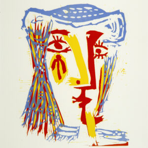 thumbnail of Lino-cut by Pablo Picasso titled Femme au Chapeau de Paille Bleue.
