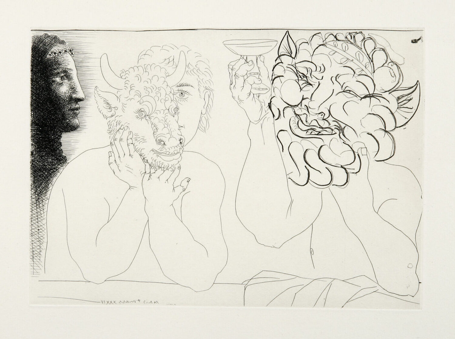 thumbnail of Etching by Pablo Picasso titled Jeune Homme au Masque de Taureau, Faune et Profil de Femme .
