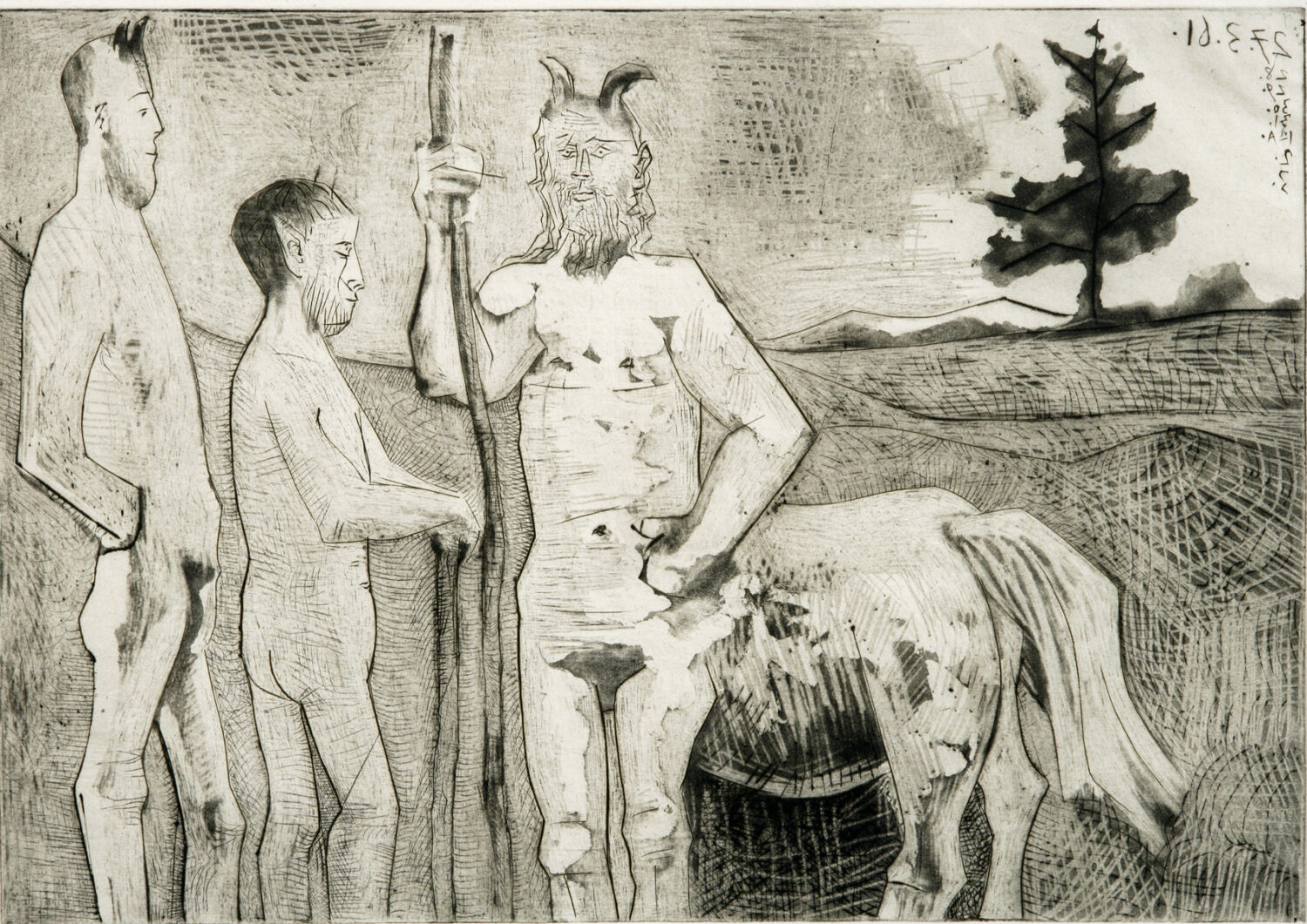 thumbnail of Etching, Engraving, Burin and Sugar-Lift Aquatint by Pablo Picasso titled Rencontre: Faune, Centaure et Homme Aux Oreilles.