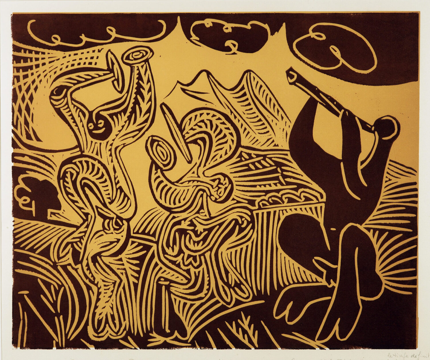 thumbnail of Lino-cut by Pablo Picasso titled Danseurs et Musicien.