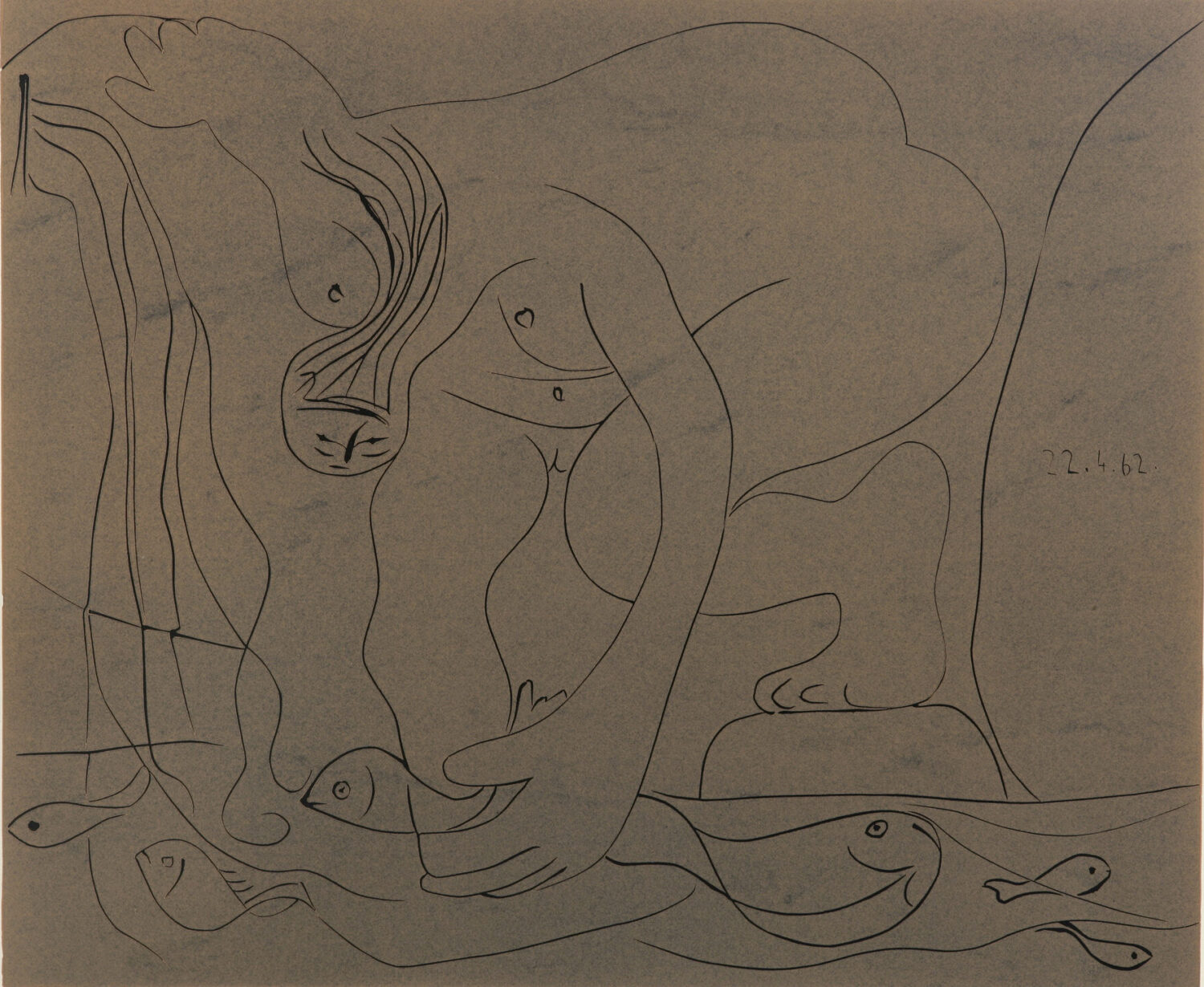 thumbnail of Lino-cut by Pablo Picasso titled Femme Nue Pechant des Truites a la Main.