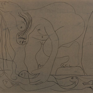thumbnail of Lino-cut by Pablo Picasso titled Femme Nue Pechant des Truites a la Main.