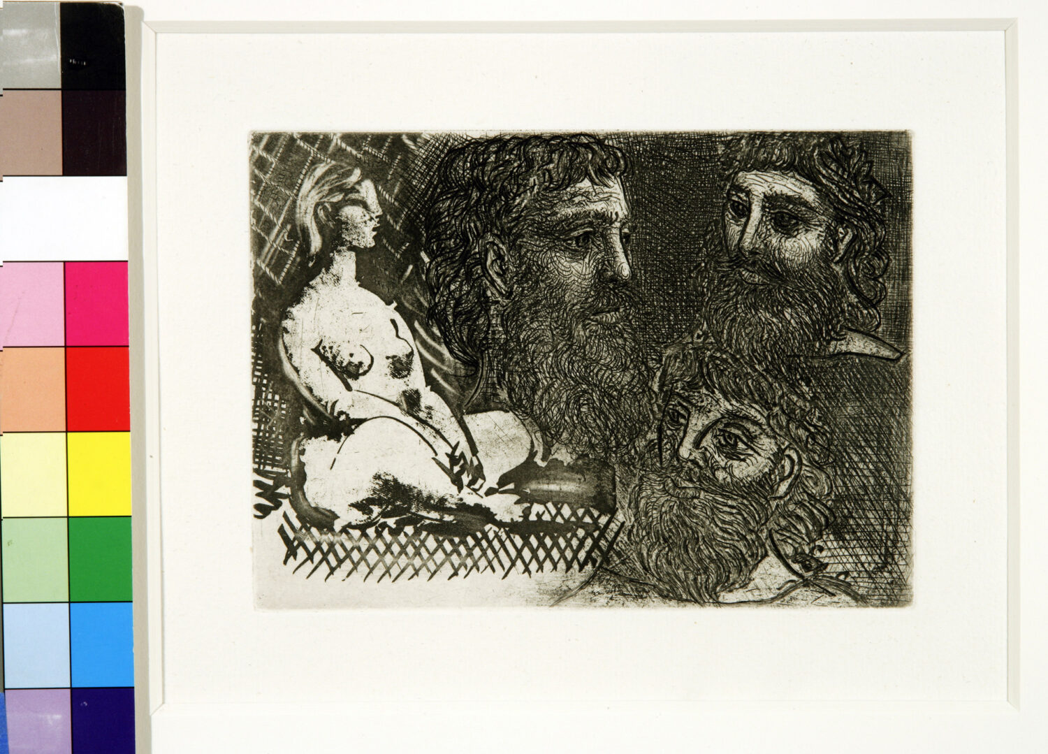 thumbnail of Etching, engraving and sugar-lift barbues by Pablo Picasso titled Femme Nue Assie et Tetes Barbues.