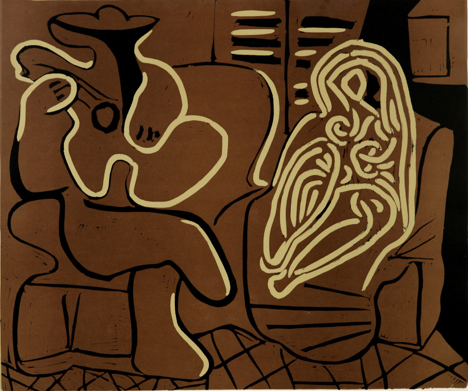 thumbnail of Lino-cut by Pablo Picasso titled Femme Dans un Fauteuil et Guitariste.