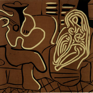 thumbnail of Lino-cut by Pablo Picasso titled Femme Dans un Fauteuil et Guitariste.