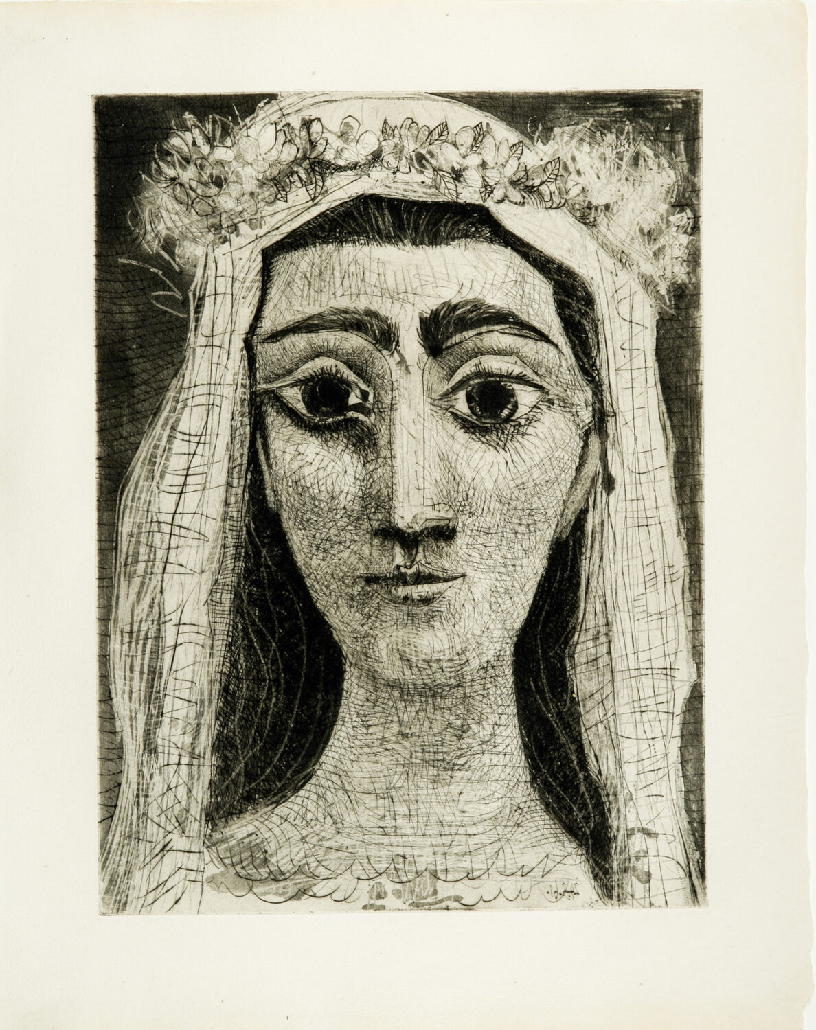 thumbnail of Aquatint, Scraper, Drypoint, Velo and Engraving by Pablo Picasso titled Jacqueline en Mariee, de Face 1.