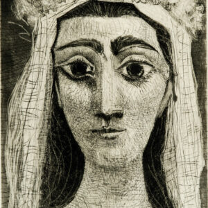 thumbnail of Aquatint, Scraper, Drypoint, Velo and Engraving by Pablo Picasso titled Jacqueline en Mariee, de Face 1.