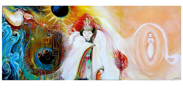 thumbnail of Oil on Canvas with Cloth Knitting Frame by Atsuko Mu Yuma titled Last Days of Princess Himiko.