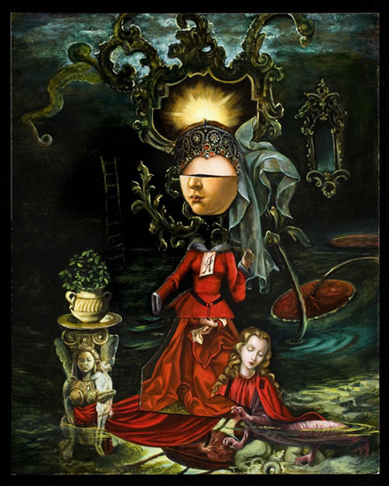 thumbnail of Oil on panel by Carrie Ann Baade titled The Bride Stripping the Bachelors Bare.