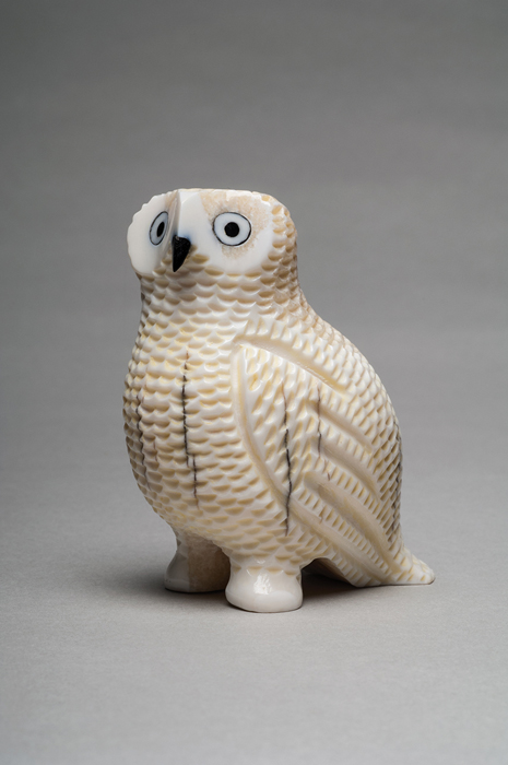 thumbnail of Sculpture made out of Walrus ivory, baleen beak and eyes, and ink by Malcom OozevaseukÂ titled Gambell, St. Lawrence Island Owl.