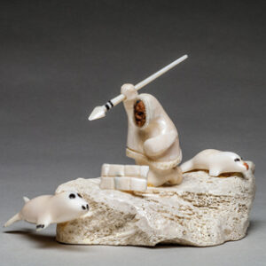 thumbnail of Sculpture made out of walrus ivory, baleen by John Pullock titled King Island/ Nome Seal Hunt with Kayak.