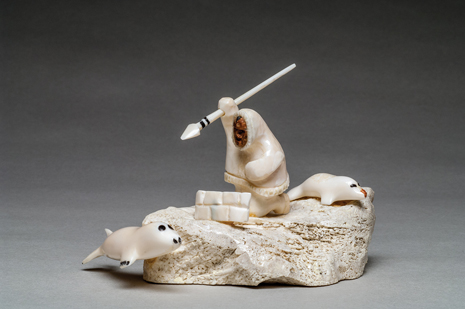 thumbnail of Sculpture made out of walrus ivory, baleen by John Pullock titled King Island/ Nome Seal Hunt with Kayak.