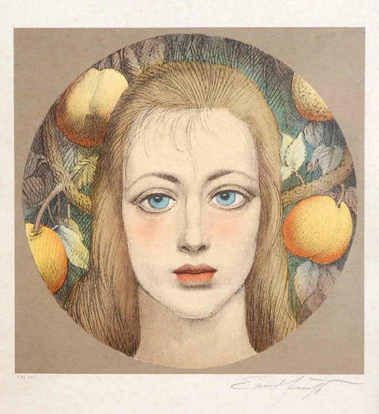 thumbnail of Color lithograph by Ernst Fuchs titled SHE.