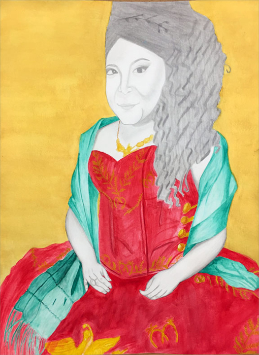 thumbnail of Mixed media on paper by Maria Montes titled Girl with the Red Dress.