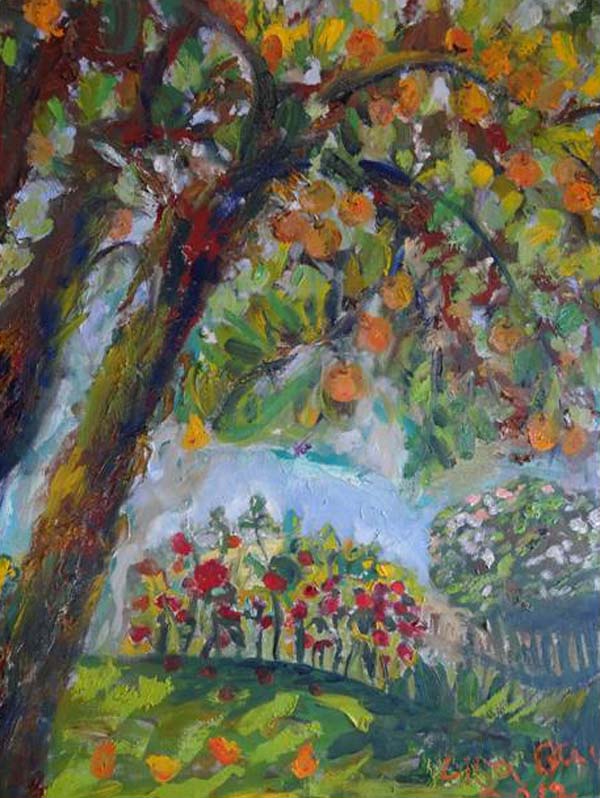 thumbnail of Oil on canvas by Lisa Baw titled Pear Tree and Roses.