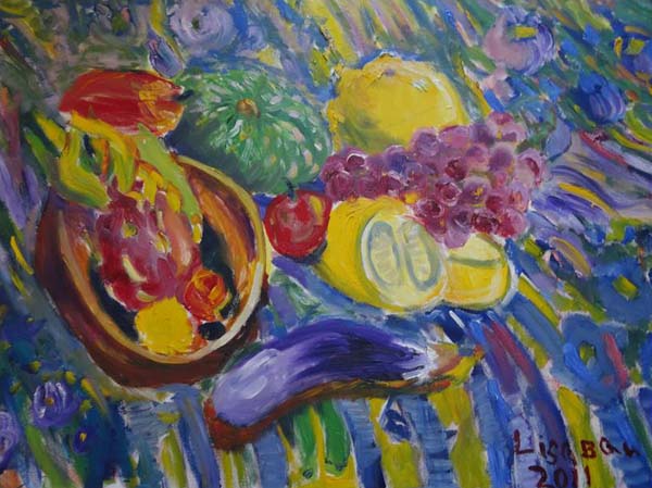 thumbnail of Oil on canvas by Lisa Baw titled Dragon Fruit and Grapes.